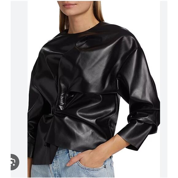 A.W.A.K.E. Mode Asymmetric Gathered Vegan Leather Top in Black Size Small - Picture 10 of 11